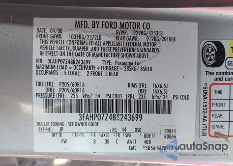 2008 Ford Fusion Se из США, поврежденный, VIN 3FAHP07Z48R243699